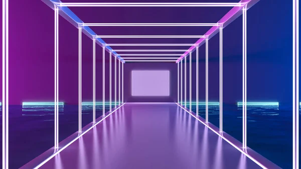 Futurystyczna Architektura Sci Korytarz Korytarz Tunel Neonów Światła Tła Renderowania — Zdjęcie stockowe