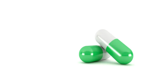 Πράσινη Κάψουλα Χάπι Απομονώνονται Λευκό Φόντο Απόδοση — Φωτογραφία Αρχείου