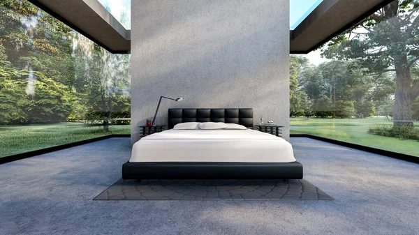 Modern Beton Odasındaki Yatak Odası Boş Beton Duvarlı Bahçe Manzaralı — Stok fotoğraf