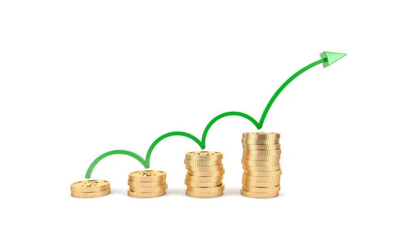 緑色の矢印を持つ成長化合物黄金のコインのスタック 価値の向上 金融ビジネス投資の成功 3Dレンダリング — ストック写真
