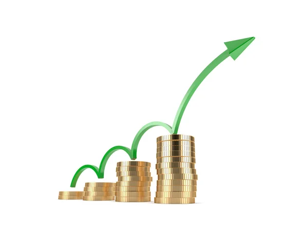 Hromada Růstu Složená Zlatých Mincí Zelenou Šipkou Zvyšování Hodnoty Peněz — Stock fotografie