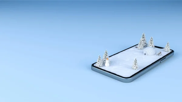 Winter snow field landscape travel destination on mobile phone screen, 3d rendering