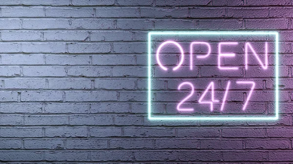 Open 24 hours 7 days neon sign on white brick wall background with copy space for text, 3d rendering.