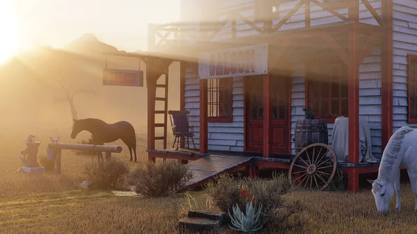 Old vintage western saloon isolated on the field in Wild West in the dusk, 3d rendering