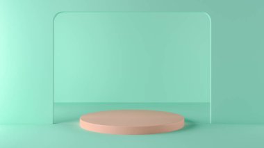 Renkli arka planda ürün için silindir podyum görüntüsü veya vitrin modeli. Boş sergi sahne arkası ya da boş ürün rafı. 3B görüntüleme