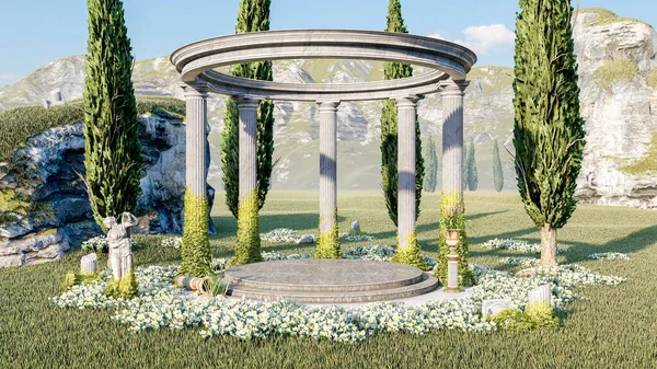 古希腊被毁的古罗马石碑在草地上 开满鲜花 舞台空荡荡 3D渲染 — 图库照片