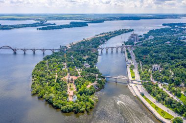 Dnipro, Ukraine - Summer 2021: Aerial view of the city recreation and entertainment park named after Taras Shevchenko.  Monastyrsky Island.
