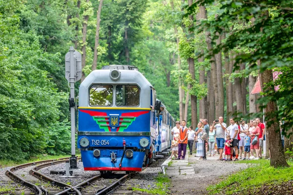 Kharkiv, Ukrayna - 2021 yazı: Dizel lokomotif TU2 gençlerin kontrolü altında tren istasyonunda manevra yapıyor. Şehir parkındaki çocuk demiryolu. Ukrayna Demiryolu