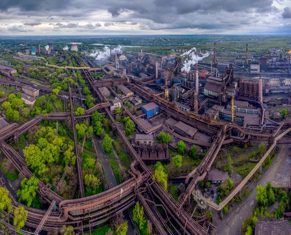 Панорамне Фото Доменного Комплексу Плавлення Заліза Багато Трубопроводів Постачання Палива — стокове фото