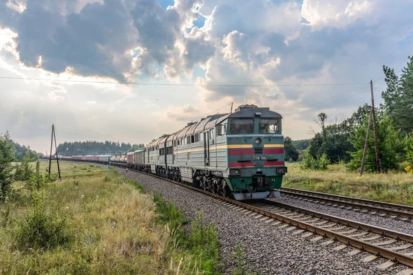 Bogodukhov, Ukrayna - 2021 yazı: Ağaçların arka planında demiryolu hattı boyunca uzanan güçlü dizel lokomotif 2TE116. Akşam aydınlatma.