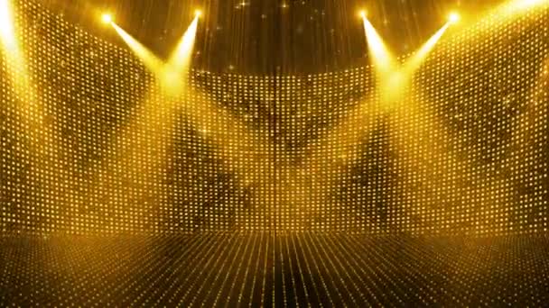 Golden Particle Spotlight Shines Flashing Stage Background — Stock videók