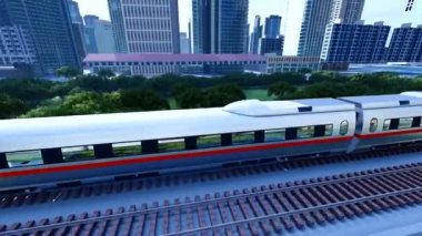 Yüksek hızlı tren sabahleyin modern şehrin içinden geçer.