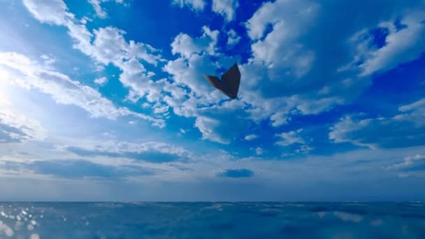 Бумажный Самолет Пролетал Над Голубым Небом Морем — стоковое видео