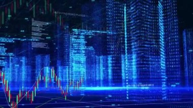 Holografik akıllı şehir wirefram mimarisi ve stok K-line trend grafiği.
