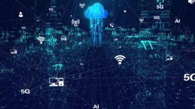 5G ağ sinyali her şeyi kapsıyor, internet teknolojisi holografik şehir.