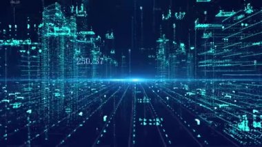 Parçacık teli holografik teknoloji kentsel yüksek bina sokak arka planı
