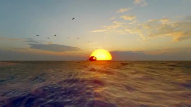 Gün batımına doğru giden küçük bir tekne.