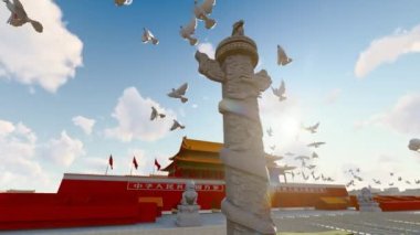 Tiananmen Meydanı ve Huabiao üzerinde güvercinler uçuyor.