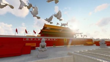 Güvercinler Tiananmen Kapı Kulesi üzerinde uçar
