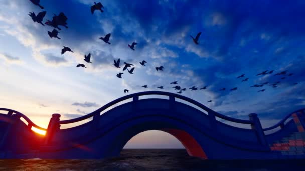 Σούρουπο Και Ηλιοβασίλεμα Γλάροι Πετούν Ελεύθερα Στην Αψίδα Της Γέφυρας — Αρχείο Βίντεο
