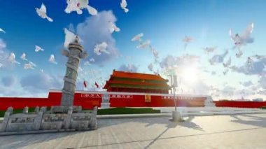 Tiananmen Meydanı 'nda gün doğumu, Pekin, Çin, barış güvercinleri uçuşuyor.