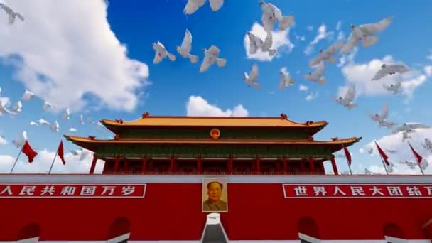 베이징 천안문 광장에서 날아다니는 평화의 비둘기들 — 비디오