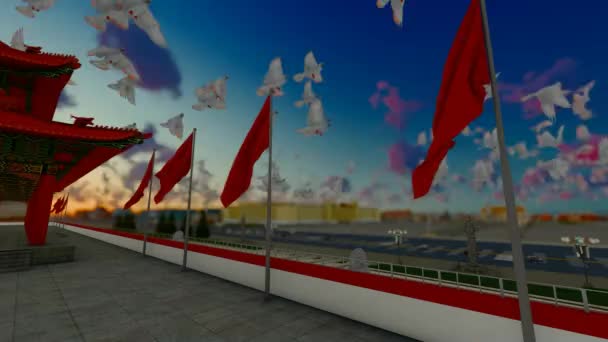 Friedenstauben Fliegen Über Den Torturm Des Himmlischen Friedens — Stockvideo