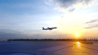 Uçak şehrin ve havaalanının üzerinde uçar.