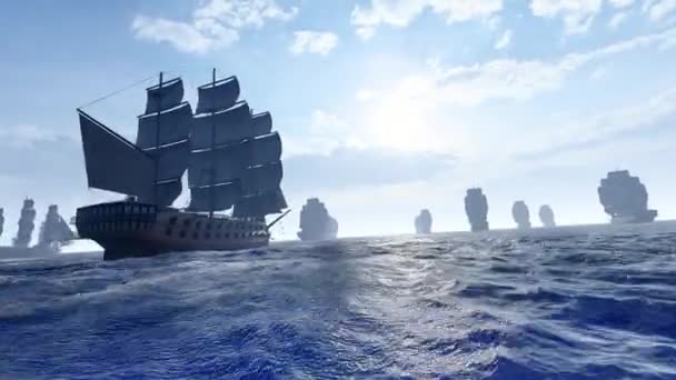 風と波の中を航行する船の艦隊 — ストック動画