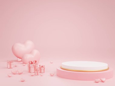 Sevgililer Günün kutlu olsun, minimum özgeçmiş, kalp şeklinde ve hediye kutusu olan boş beyaz ürün podyumu, Sevgililer Günü için tasarım konsepti, 3D.