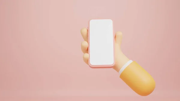 Візуалізація Мобільного Гаджета Порожнім Білим Екраном Мультиплікаційній Руці Персонажа Рожевому — стокове фото
