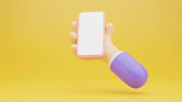 Render Mobile Gadget Empty White Screen Cartoon Character Hand Orange — Stock Photo, Image