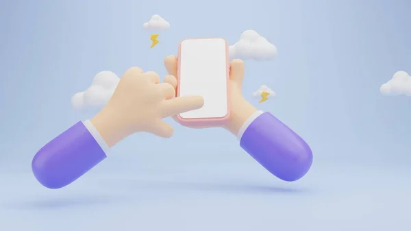 Візуалізація Мобільного Гаджета Порожнім Білим Екраном Мультиплікаційній Руці Персонажа Синьому — стокове фото