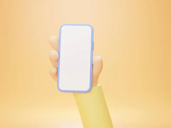 Візуалізація Мобільного Гаджета Порожнім Білим Екраном Руці Персонажа Ізольовано Помаранчевому — стокове фото