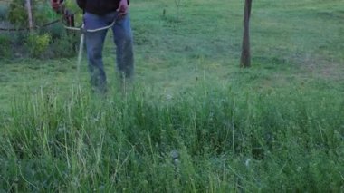 Şehir parkında ya da arka bahçede elektrikli çim biçme makinesiyle çim biçen bir işçi. Bahçıvanlık malzemeleri ve ekipmanlar. Çim biçme makinesiyle çim biçme işlemi