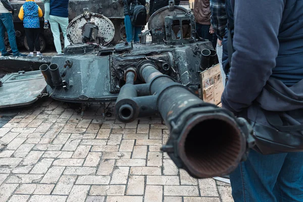 Kyiv Ukraine Május 2022 Megsemmisített Elégetett Tankok Egyéb Katonai Berendezések — Stock Fotó