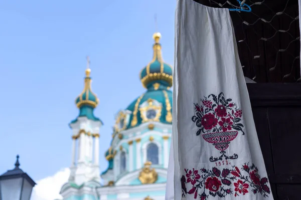 Ukrainian national clothes. Tradicional embroidered shirt. Closeup ukrainian national clothes.