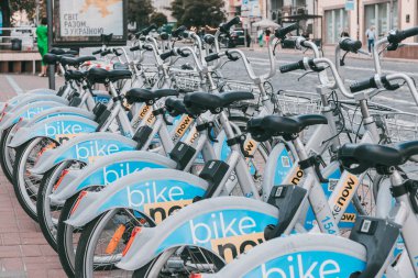 Kyiv , Ukraine - Jul 23, 2022: Ukrainian bike rental Bike now in the city on special parking spaces. Rental bicycles of company Bike now in Kyiv.