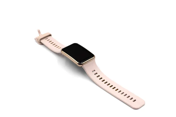 Women's smart watch with a pink strap on a white background.