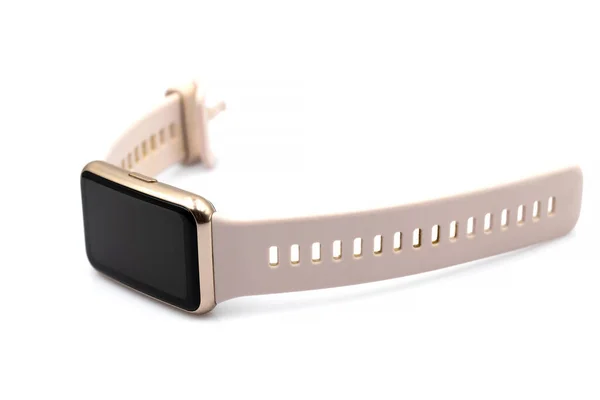 Women's smart watch with a pink strap on a white background.
