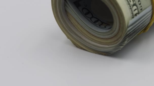 Bundle Money Roll Dollars Isolated White Background Stack One Hundred — Stockvideo