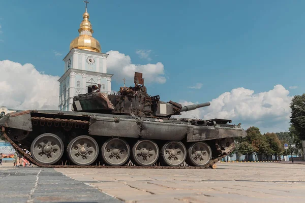 Destroyed Russian tank on Independence Day of Ukraine in Kyiv.