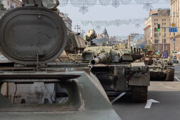 Ukraine Independence Day Burnt Destroyed Russian Tanks Center Kyiv Maidan — Stock fotografie