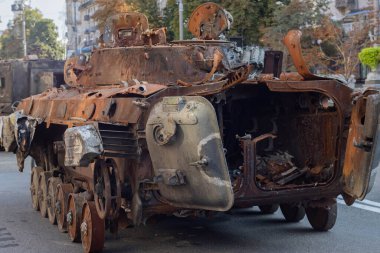 Burnt and destroyed Russian tanks in the center of Kyiv on the Maidan. An exhibition of Russian military equipment in the center of Kyiv, destroyed by the armed forces of Ukraine.