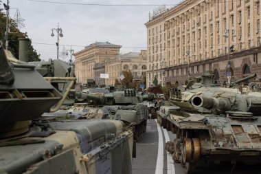 Burnt and destroyed Russian tanks in the center of Kyiv on the Maidan. An exhibition of Russian military equipment in the center of Kyiv, destroyed by the armed forces of Ukraine.