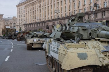 Burnt and destroyed Russian tanks in the center of Kyiv on the Maidan. An exhibition of Russian military equipment in the center of Kyiv, destroyed by the armed forces of Ukraine.