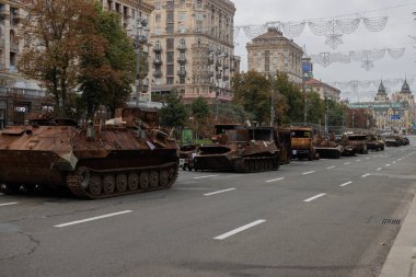 Destroyed Russian military equipment in the center of Kyiv on Khreschatyk. Parade of destroyed Russian tanks on the day of independence of Ukraine
