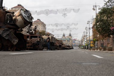 Exhibition of destroyed Russian tanks and other military equipment in the center of Kyiv on the Independence Day of Ukraine.