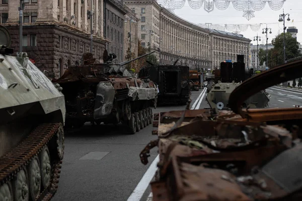 Exhibition of destroyed Russian tanks and other military equipment in the center of Kyiv on the Independence Day of Ukraine.