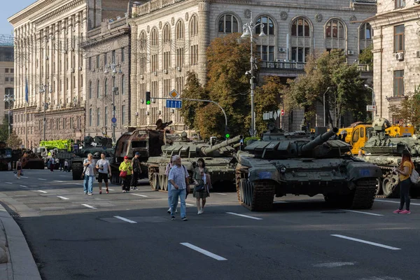 Exhibition of destroyed Russian tanks and other military equipment in the center of Kyiv on the Independence Day of Ukraine.